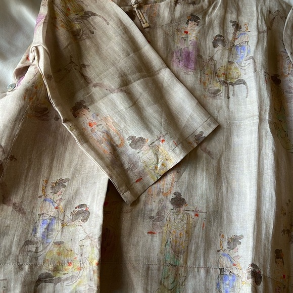 LINEN Oriental Mandarin Cropped Top Ancient Design - Picture 6 of 7